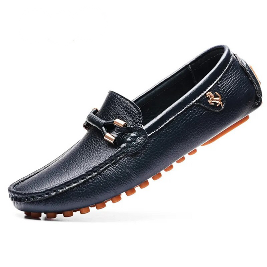 Navy Blue Handmade Metal Leather Loafers