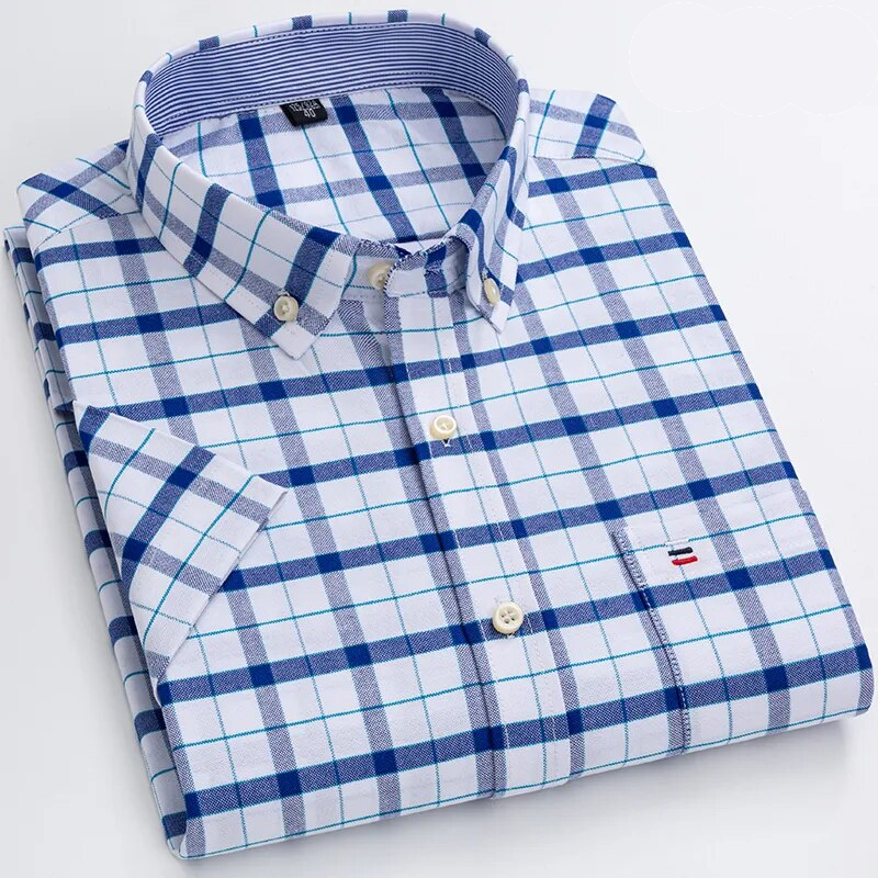 Short Sleeve Cotton Plaid Striped Shirt