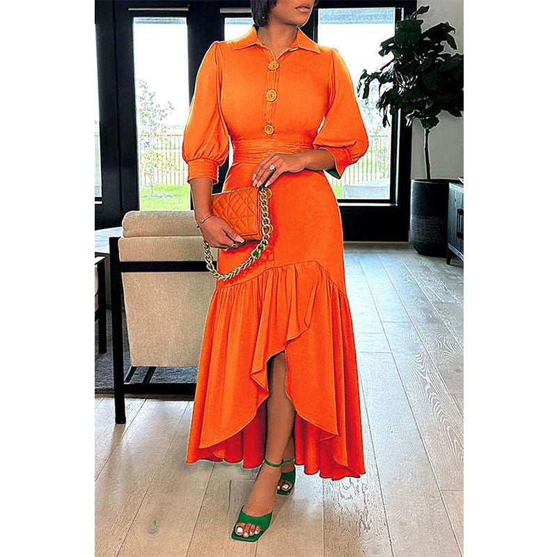 Solid Color Long Shirring Dress