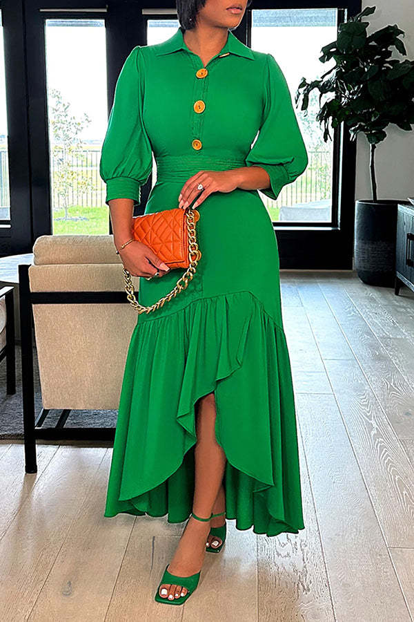 Solid Color Long Shirring Dress