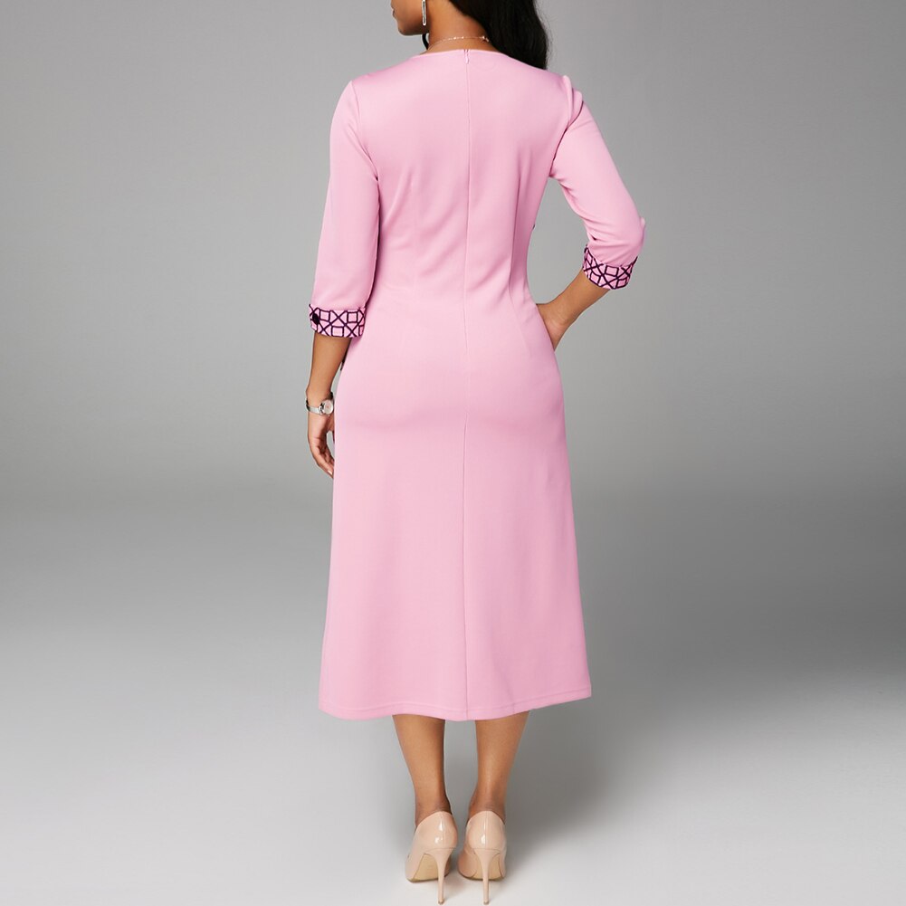 Pink Geometric Print Button O-Neck Dress