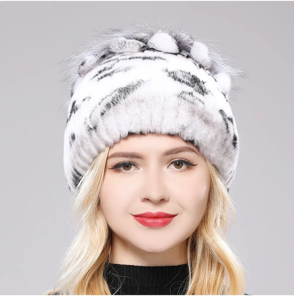 Grey Knitted Fur Winter Beanies