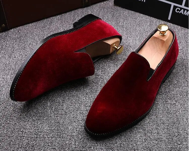 Wine Red Velvet Pointed Toe Loafers