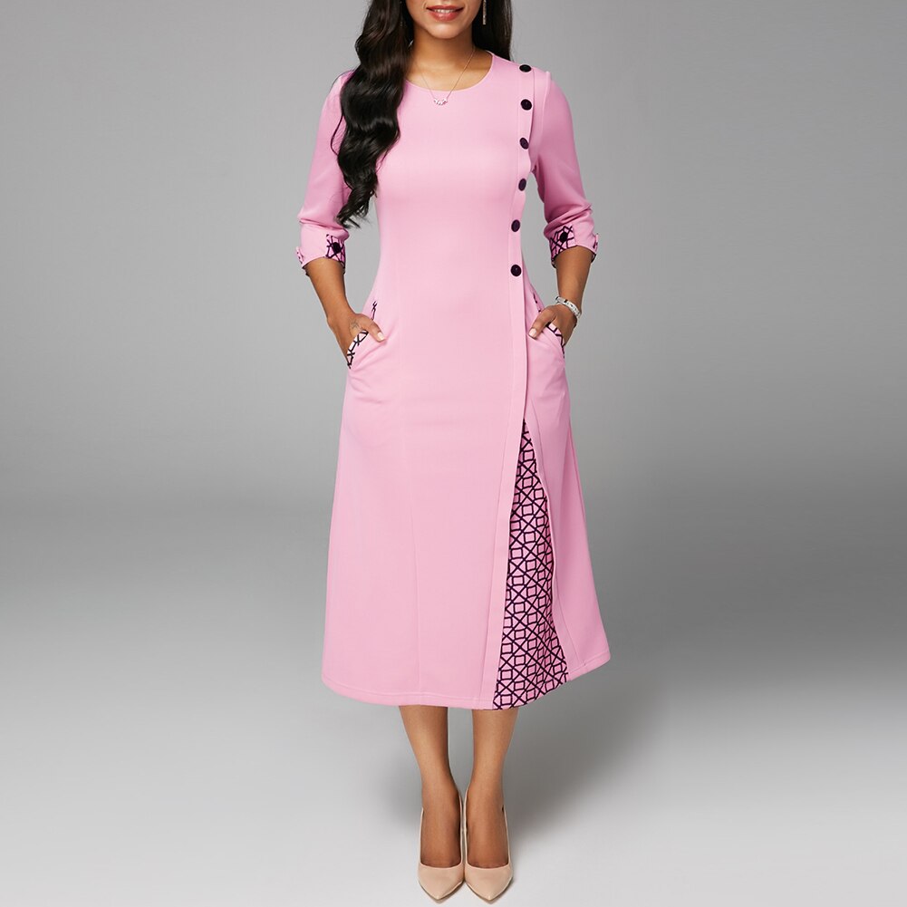 Pink Geometric Print Button O-Neck Dress