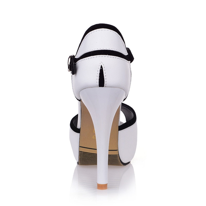 White striped Buckle Strap Hollow Heels