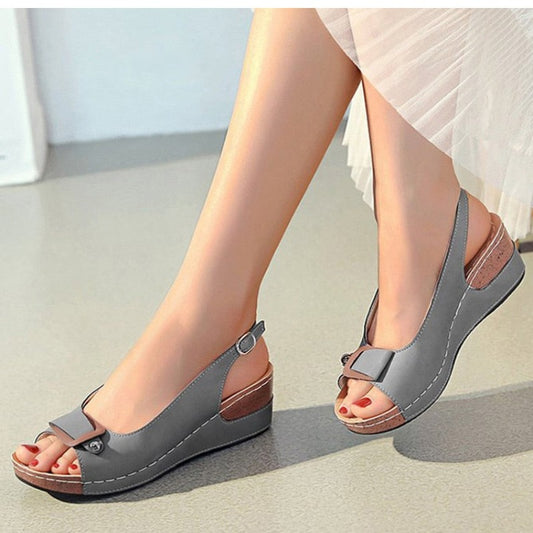 Grey Ankle Strap Mid Heel Sandals