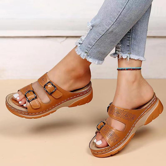 Caramel Dual Buckle-Strap Slippers