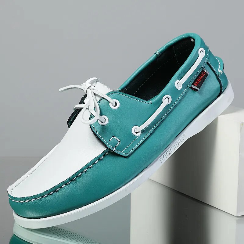 White-Green Leather Dockside Loafers