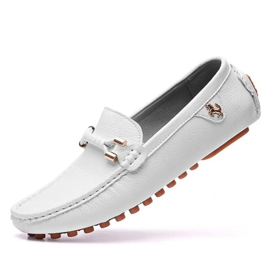 White Handmade Metal Leather Loafers