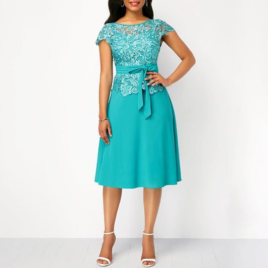 Bow Lace Coral Green Patchwork Dress