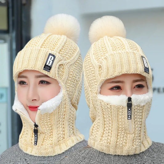 Beige Wool Knitted Pompom Windproof Hat