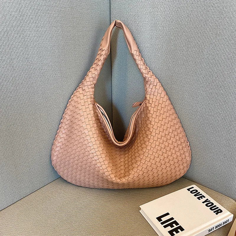 Pink PU Material Woven Bag