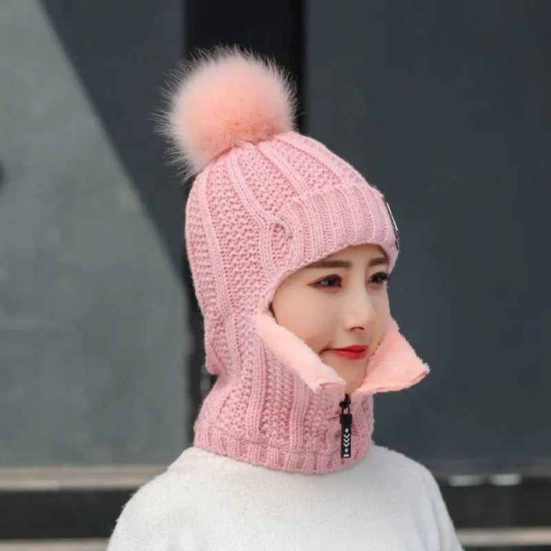 Wool Knitted Pompom Windproof Hat