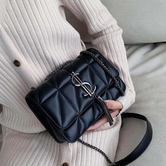 Black Leather Tassel Lock Handbag