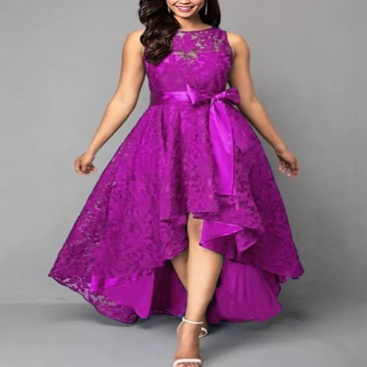 Purple Lace O Neck Bow Maxi Dress