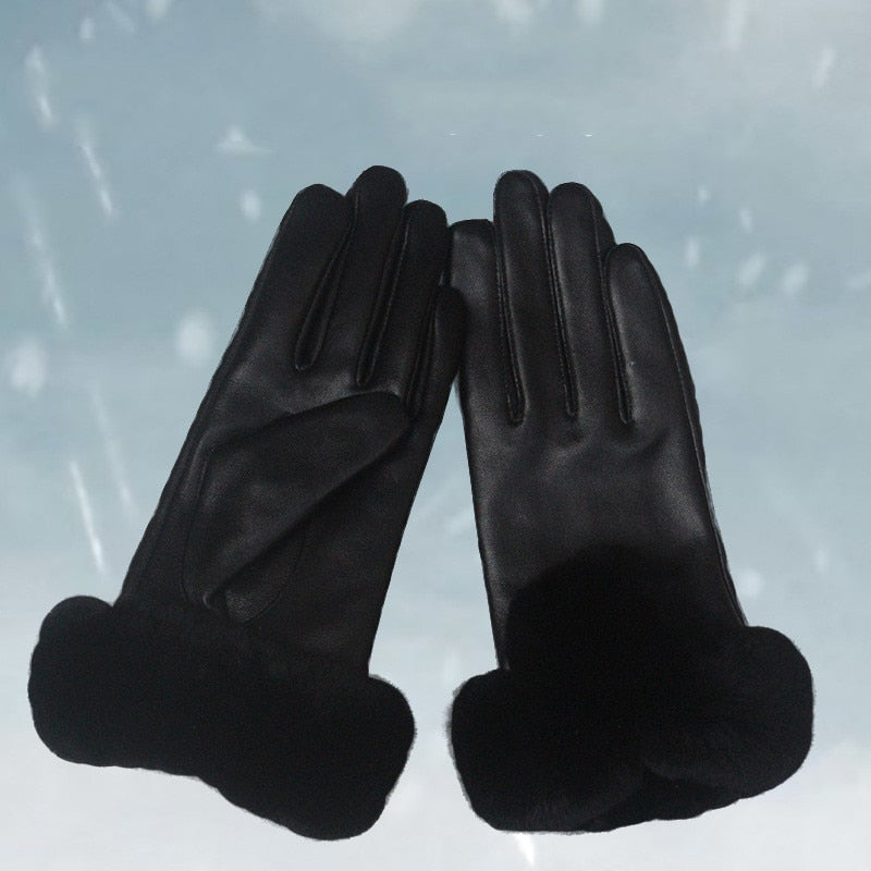 Fur Gloves Leather Black Color