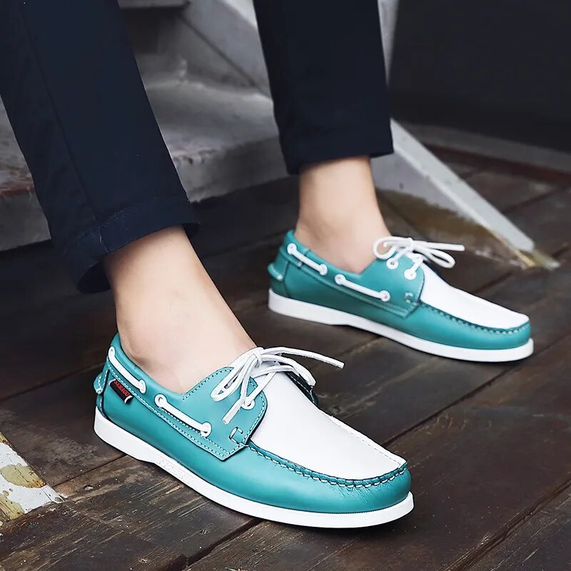 White-Green Leather Dockside Loafers