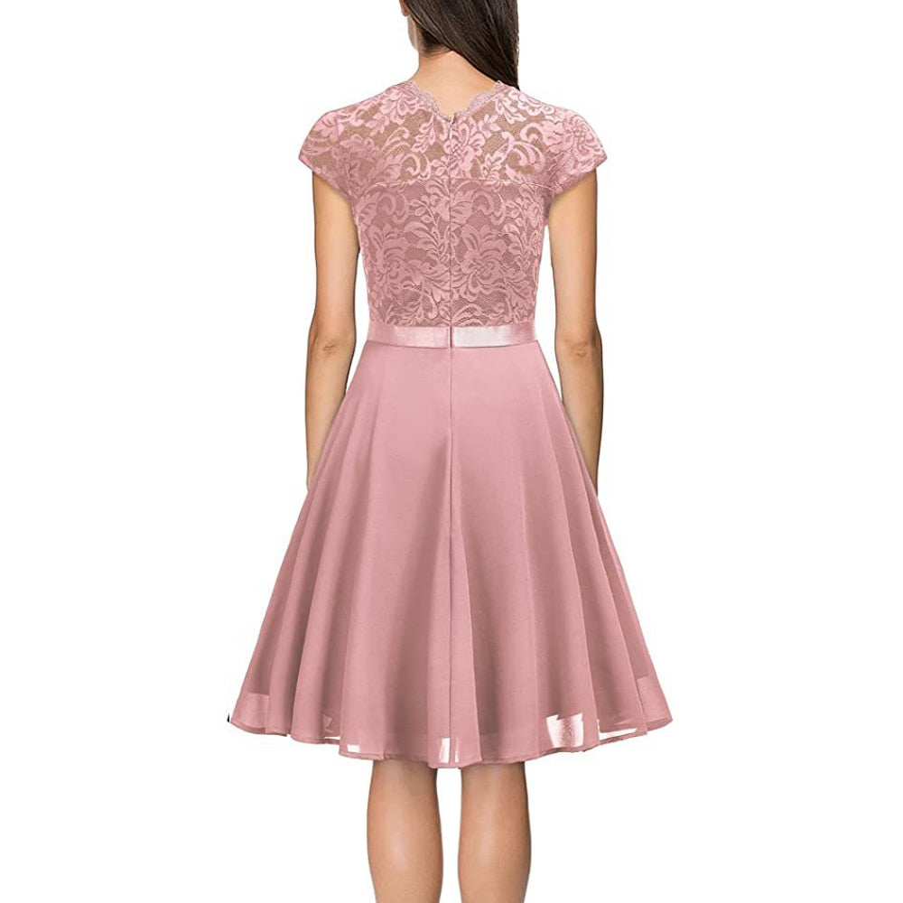 Pink Lace O Neck Hollow Midi Dress