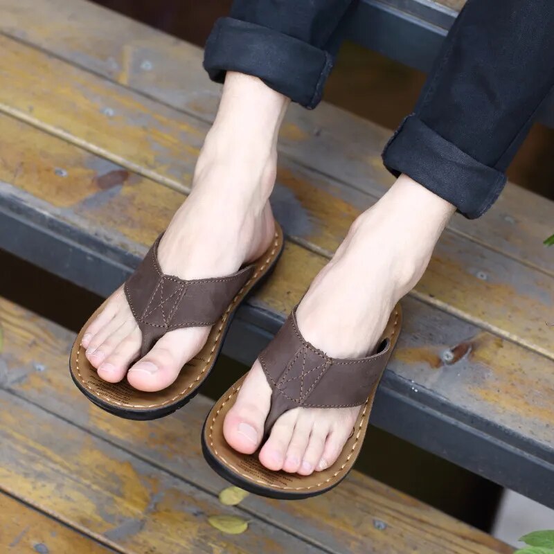 Light Coffee Outdoors Leather Slippers