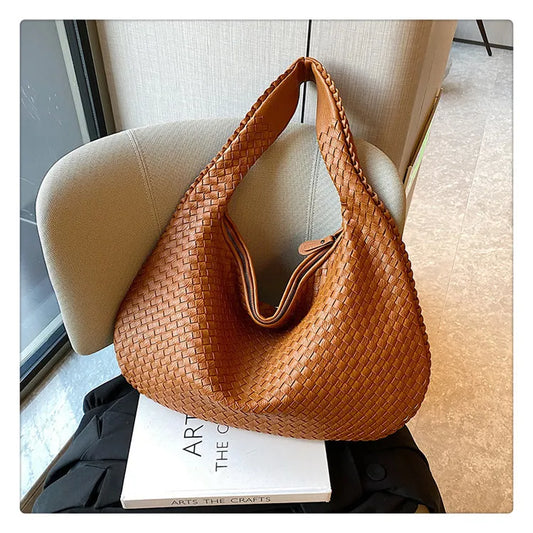 Brown PU Material Woven Handbag