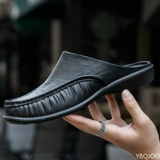 Black Slip on Leather Flat Shoes
