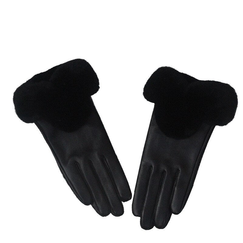 Fur Gloves Leather Black Color
