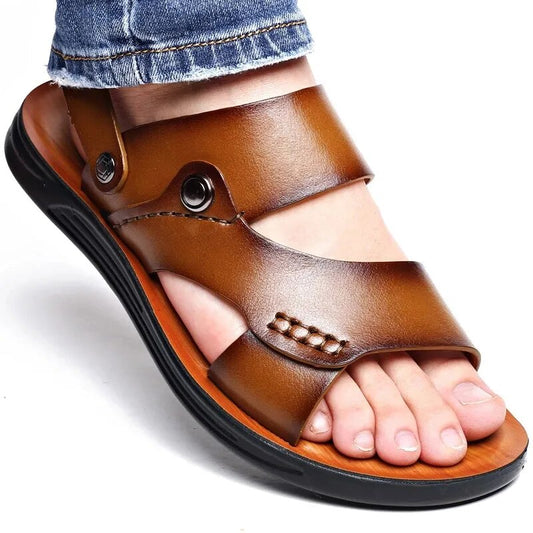 Ankle Strap Leather Slip-On Sandals