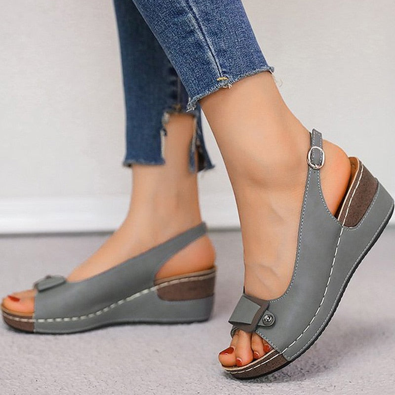 Grey Ankle Strap Mid Heel Sandals