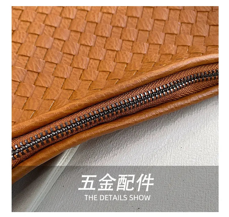 Brown PU Material Woven Handbag