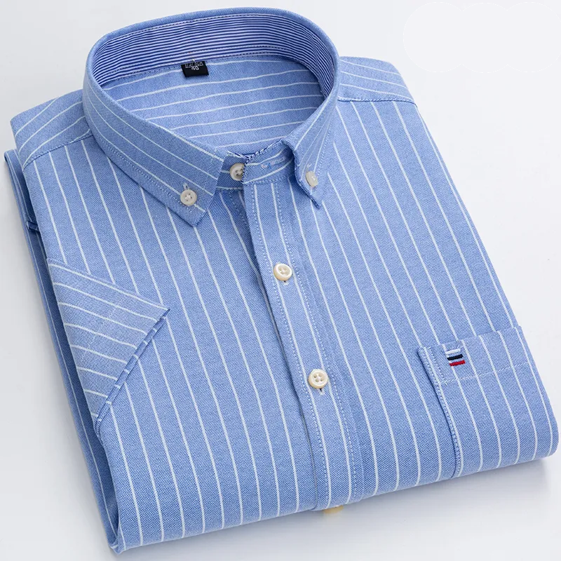 Short Sleeve Cotton Plaid Blue Shirt