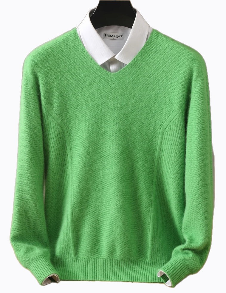 羊绒绿色毛衣 V 领套头衫