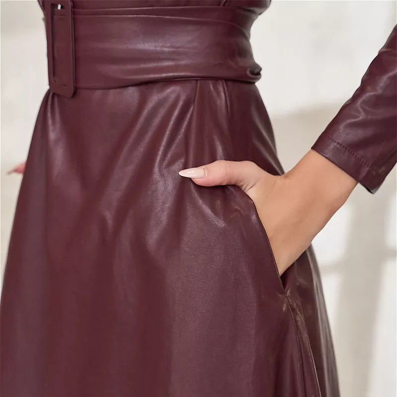 Leather Burgundy Belted Snap Button Dress