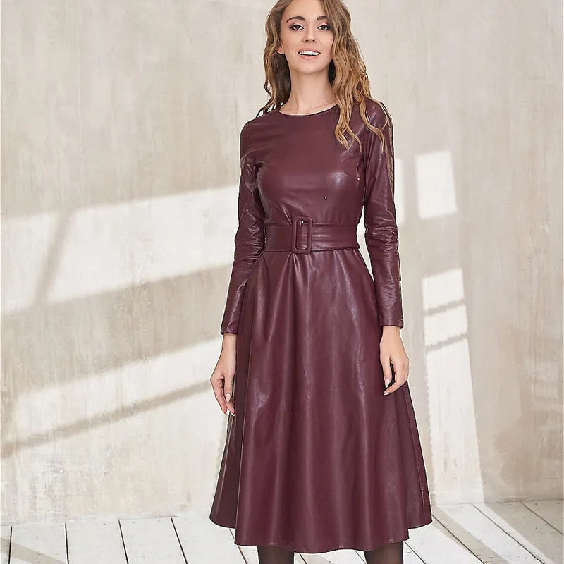 Leather Burgundy Belted Snap Button Dress