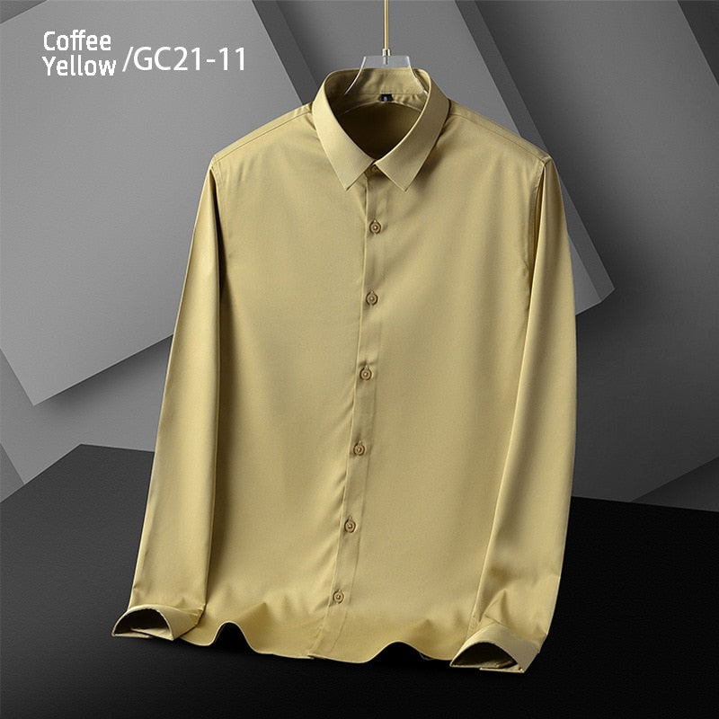 Camisa Amarilla Café Extensible Sin Arrugas