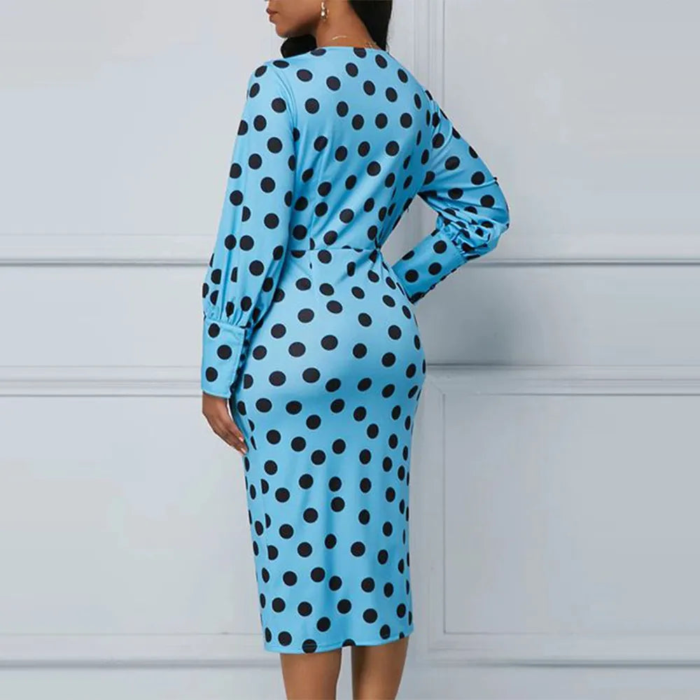 Blue Polka Dot V Neck Ruched Dress