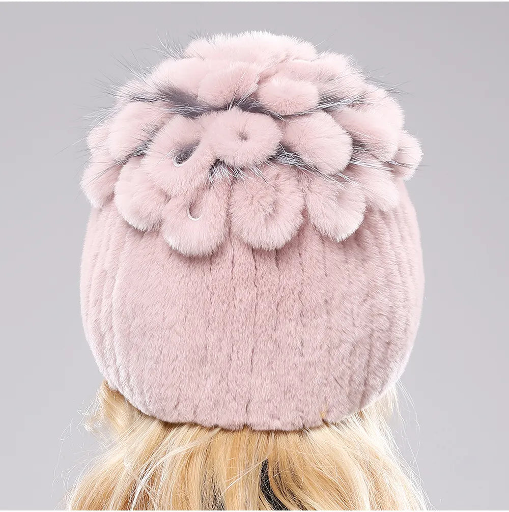 粉色针织毛皮冬季无檐小便帽