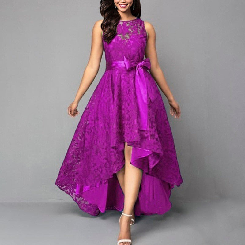 Vestido morado maxi encaje y lazo el cuello