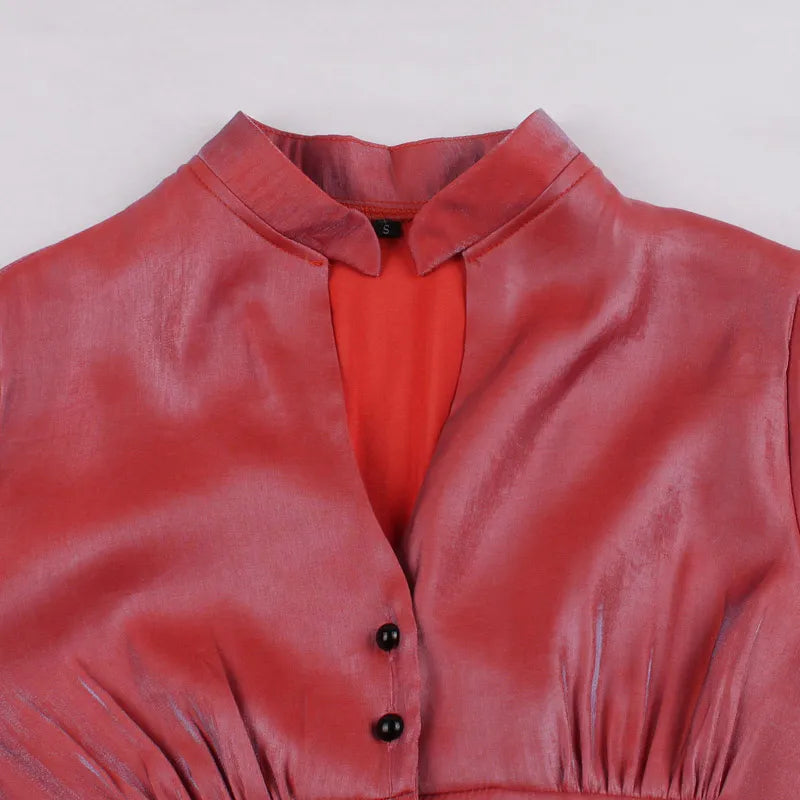 Glitter Red Bishop Sleeve Button Dress