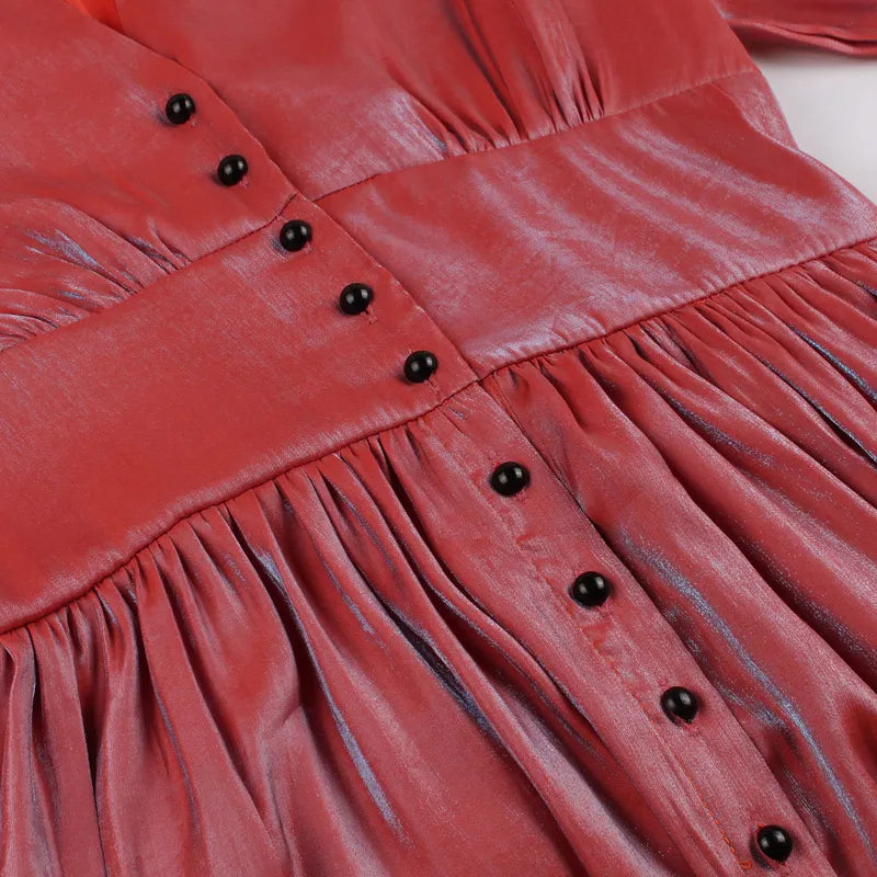 Glitter Red Bishop Sleeve Button Dress