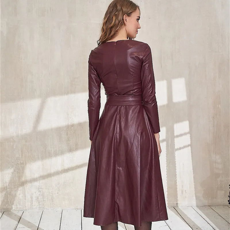 Leather Burgundy Belted Snap Button Dress