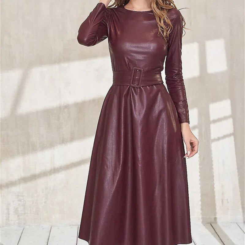 Leder Schwarz Gürtelknopf-Kleid