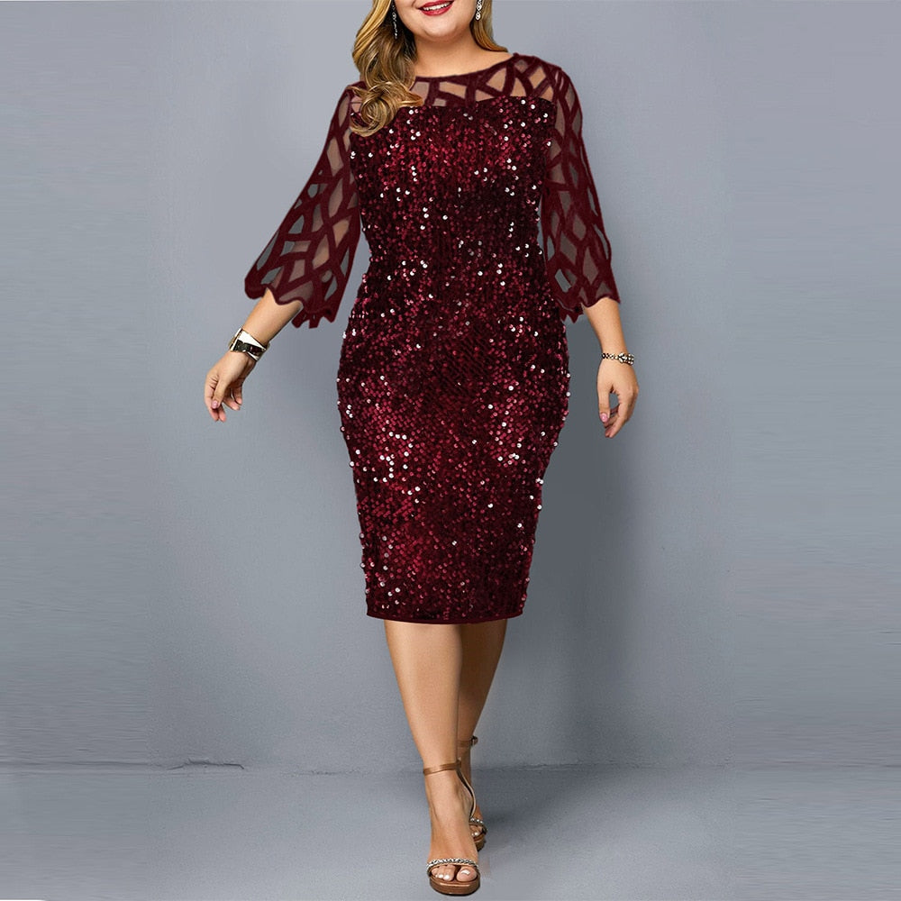 Sequin Mesh Lace Sleeves Wine Red Dress