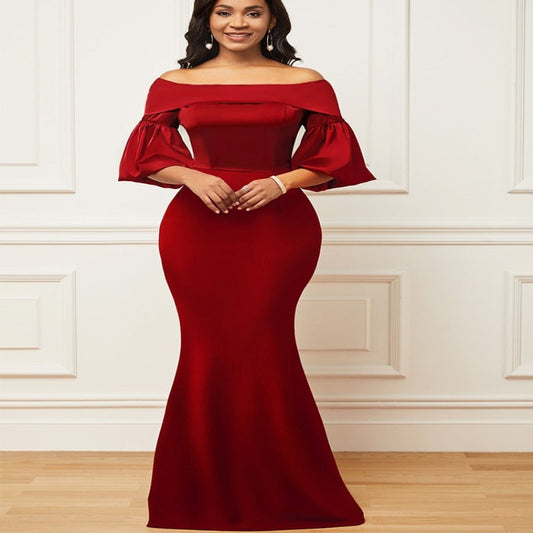 Wine Red Ruffle Sleeve Evening Robe