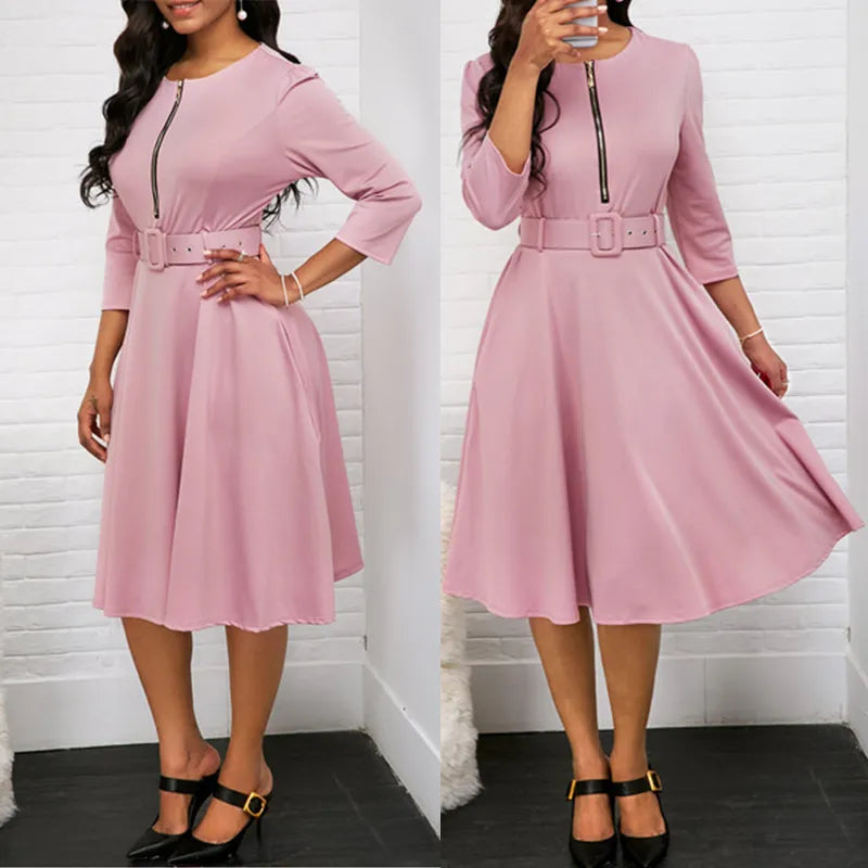 Light Pink Half Sleeve Zipper Midi Dress