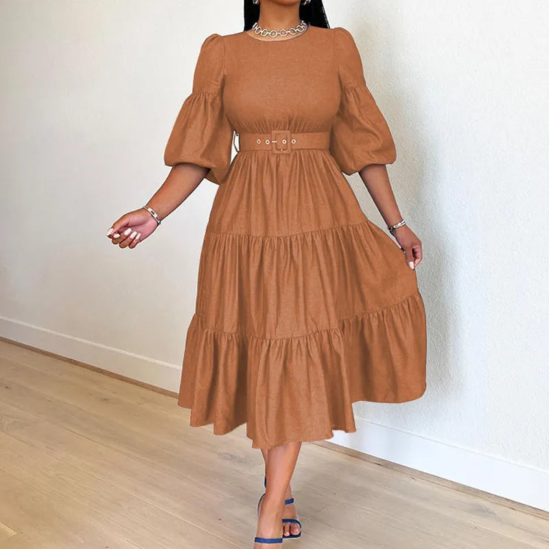 Puff Sleeve Patchwork Ruffles Belt Dress