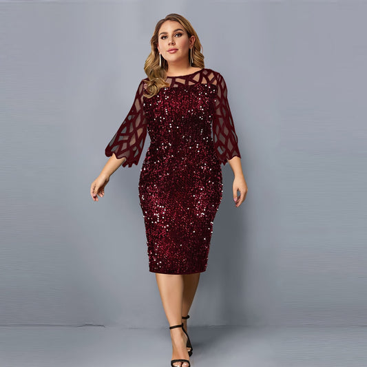 Sequin Mesh Lace Sleeves Wine Red Dress