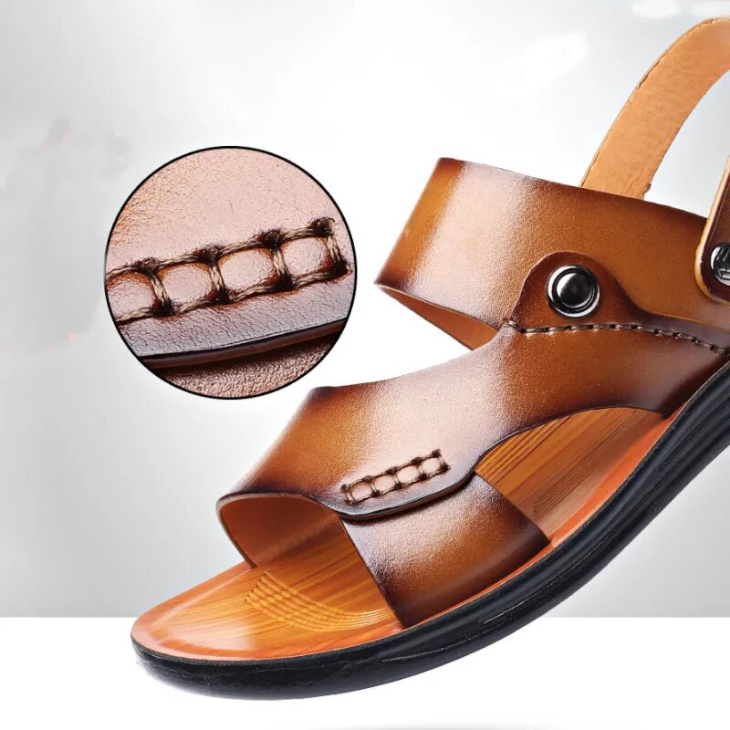 Ankle Strap Leather Slip-On Sandals