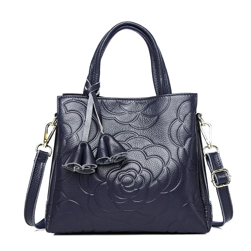 Blue Calfskin Leather Rose Pattern Bag