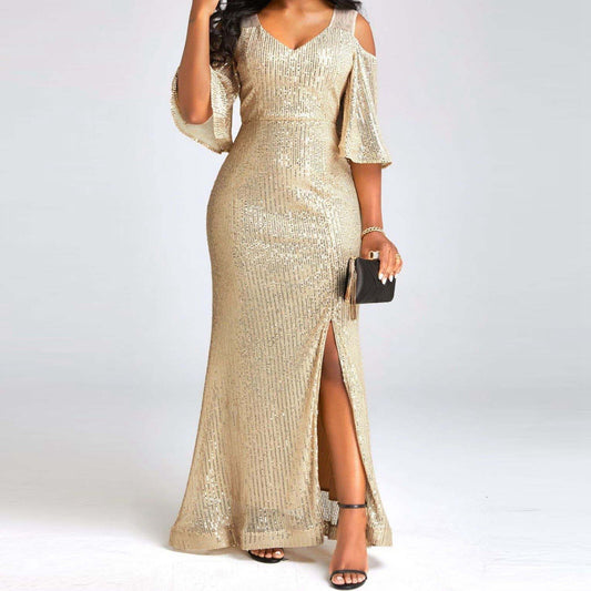 Gouden maxi-jurk met V-hals en pailletten