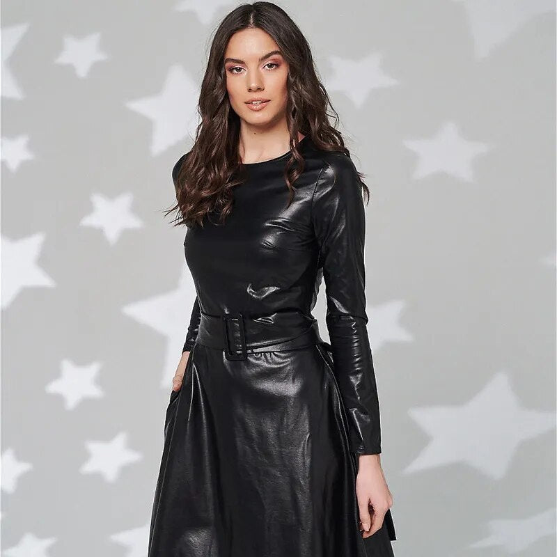 Leder Schwarz Gürtelknopf-Kleid